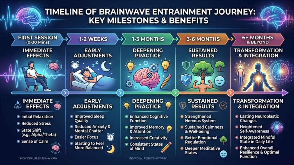 Brainwave entrainment results timeline from first session to long-term brain changes