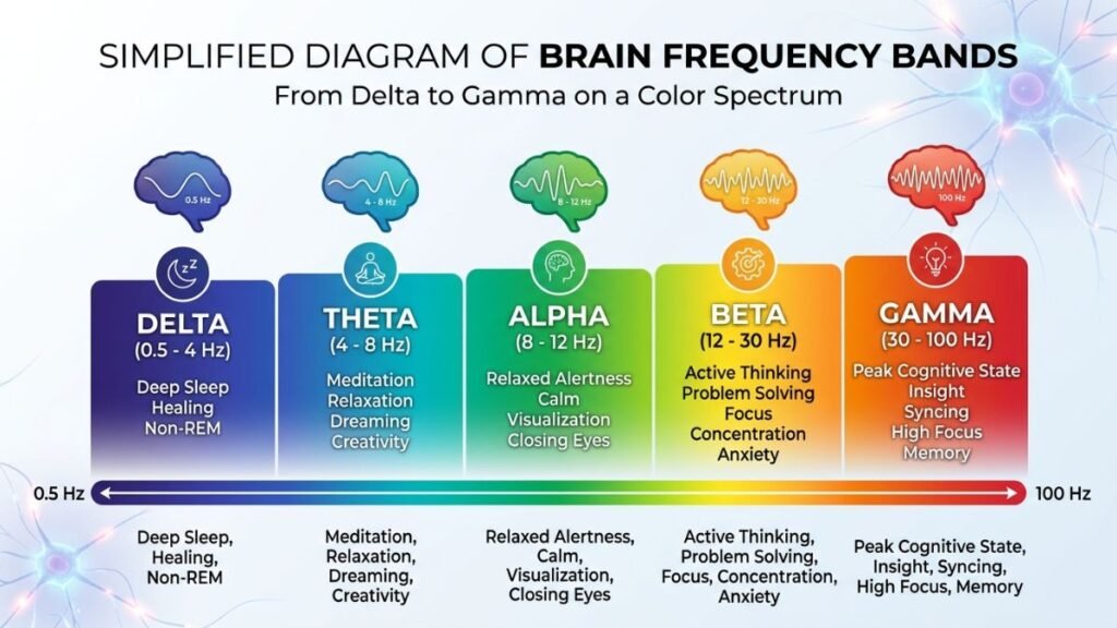 Brainwave frequency chart showing delta, theta, alpha, beta, and gamma bands