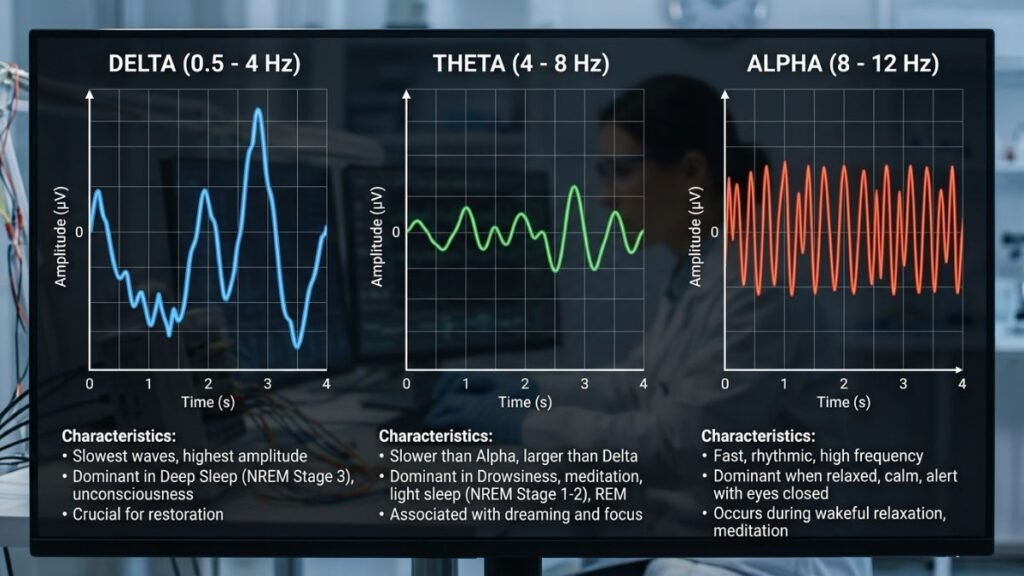 EEG comparison of alpha, theta, and delta brainwave patterns for relaxation and sleep