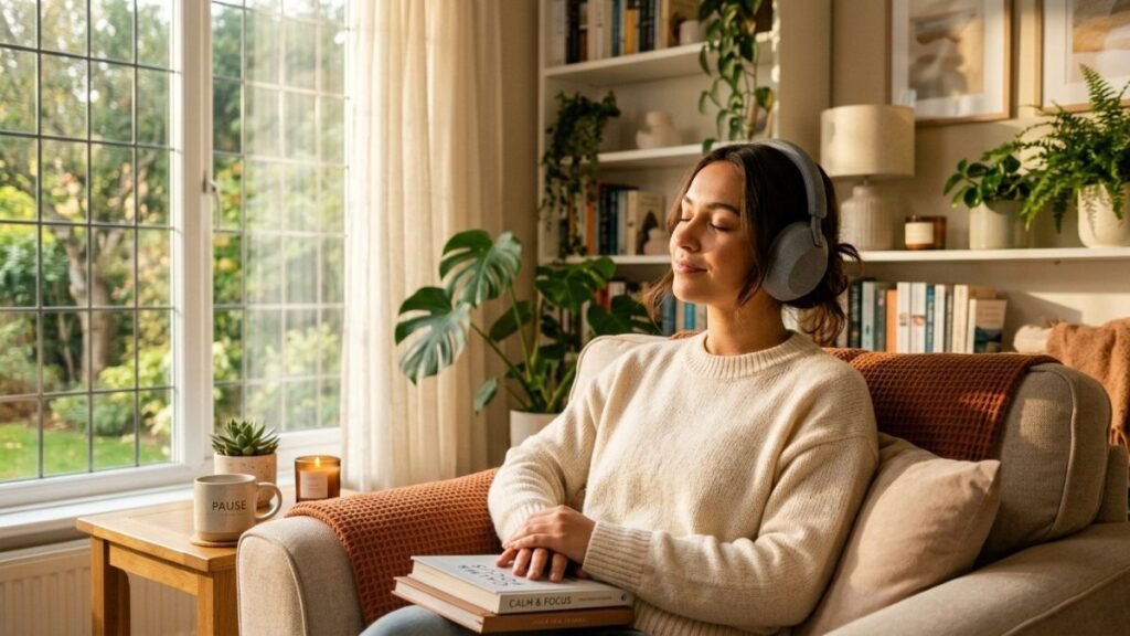 Person using brainwave entrainment audio for meditation and stress relief