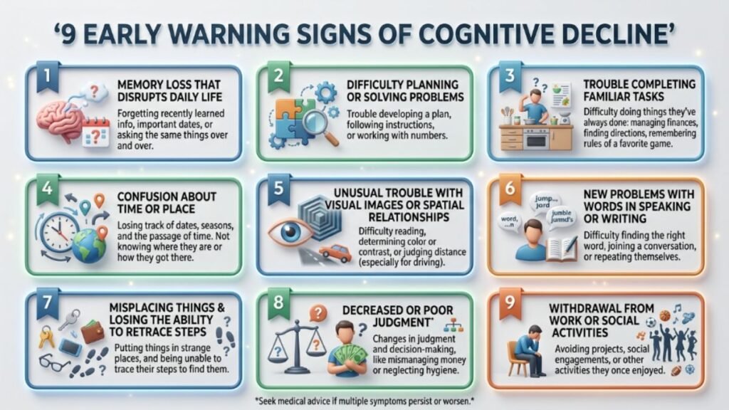 9 early signs of cognitive decline adults checklist