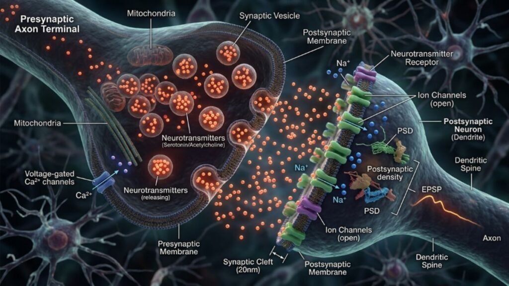 Illustration of how Synaptigen supports neurotransmitter function