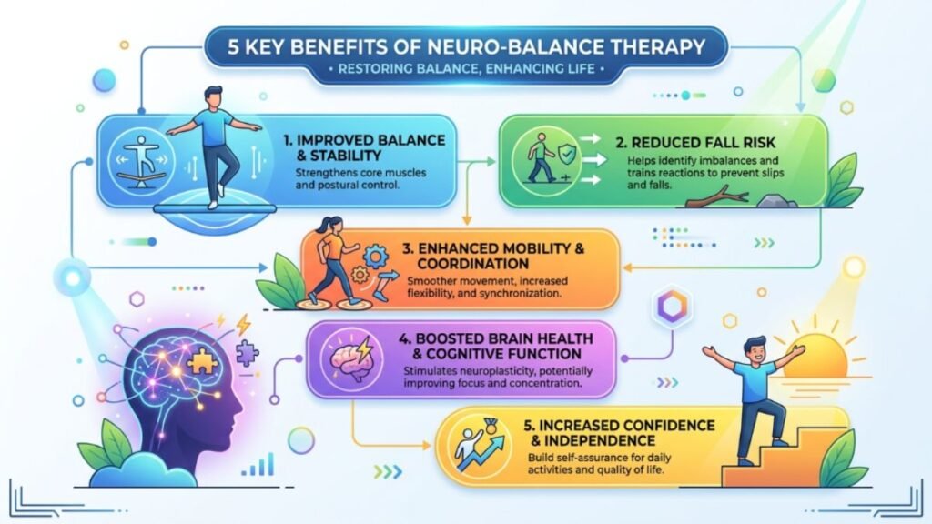 Infographic of Neuro-Balance Therapy benefits: confidence, mobility, ease of use, natural, and independence