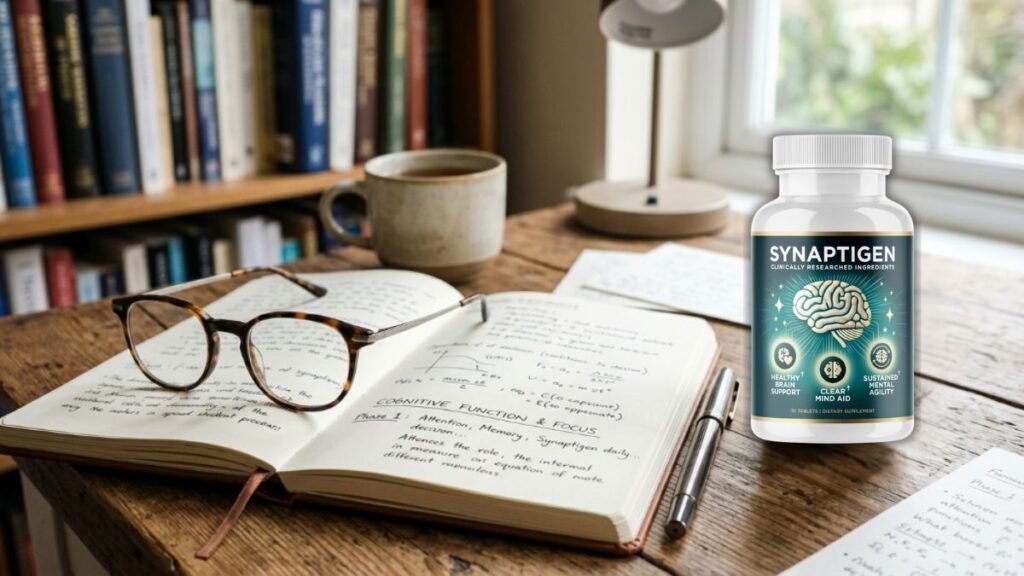 Synaptigen supplement bottle representing cognitive support for students and professionals.