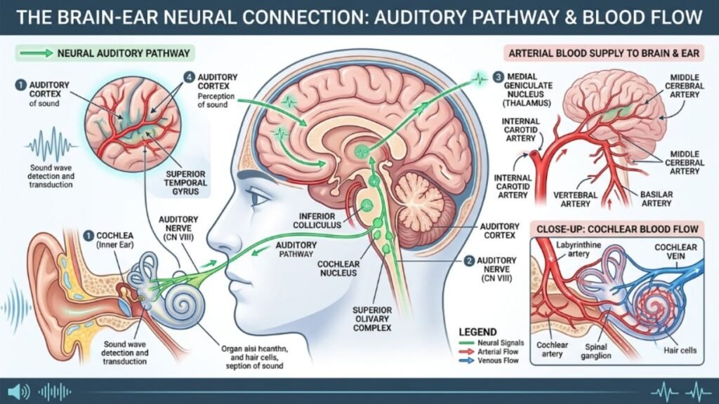 brain and ear neural connection diagram auditory cognitive health
