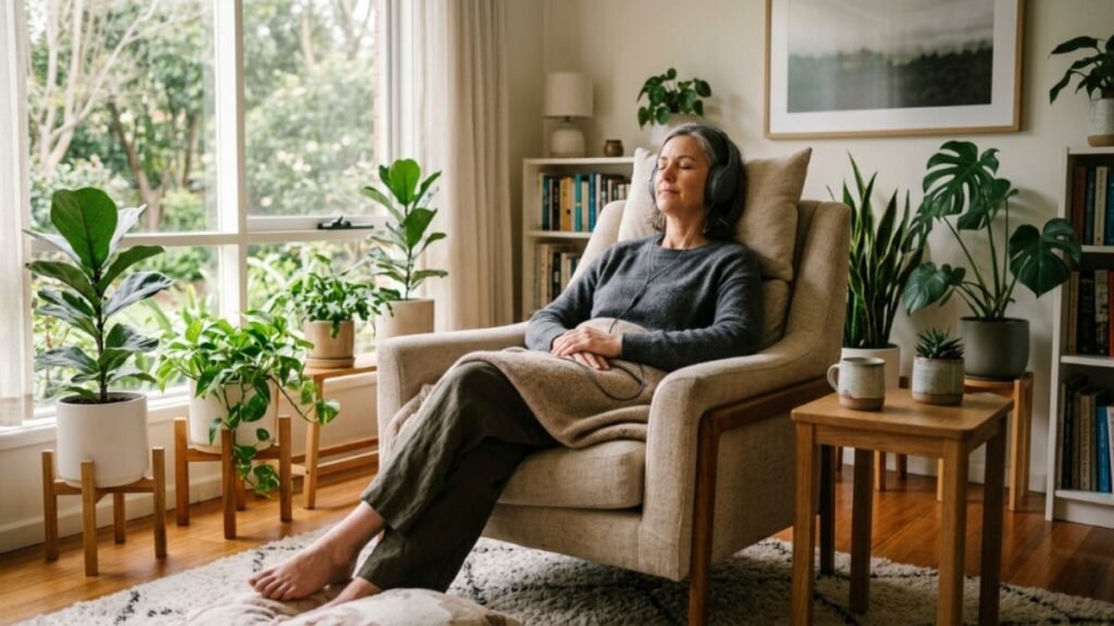 dult relaxing with headphones binaural beats mental reset session