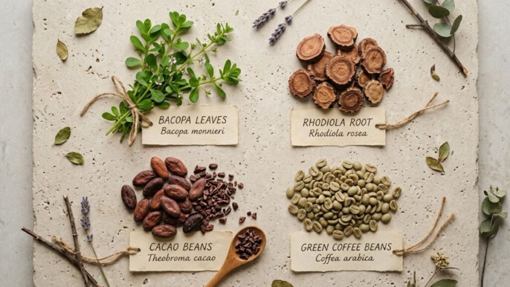 natural nootropic ingredients Bacopa Rhodiola Huperzine cognitive support