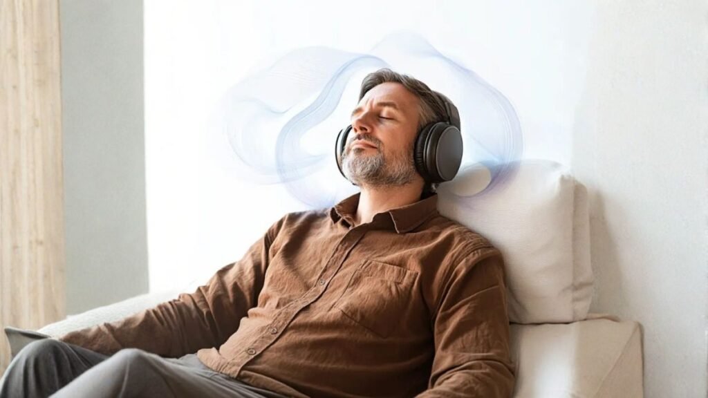 person using binaural beats audio for mental focus and calm