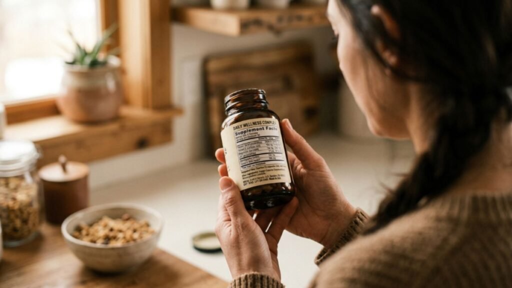 hand holding a brain supplement bottle reading the label