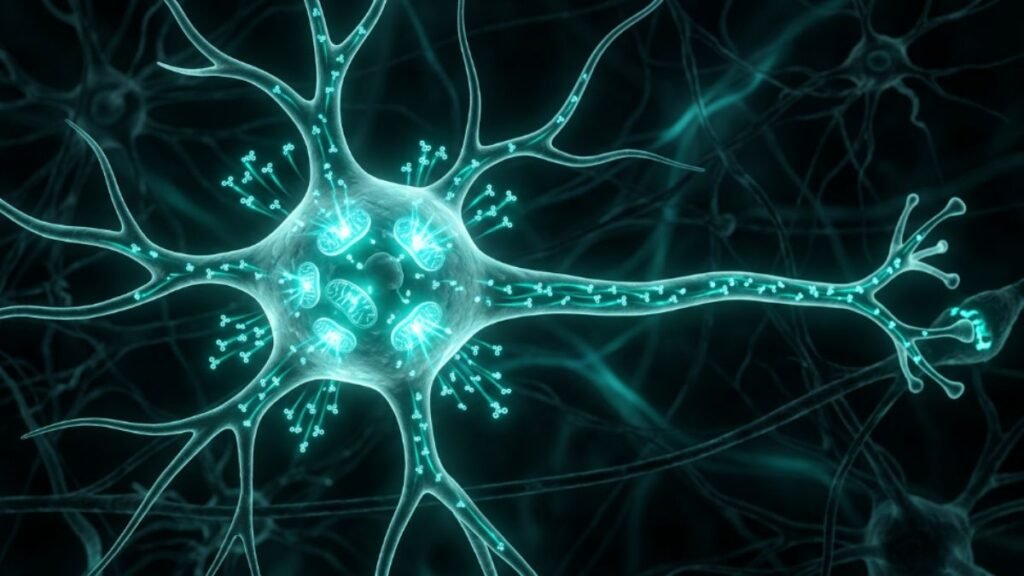 mitochondria producing ATP energy in a brain neuron