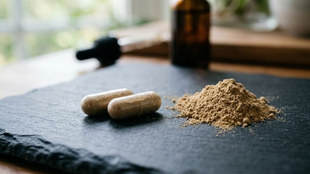 standardized adaptogen supplement capsules and root powder