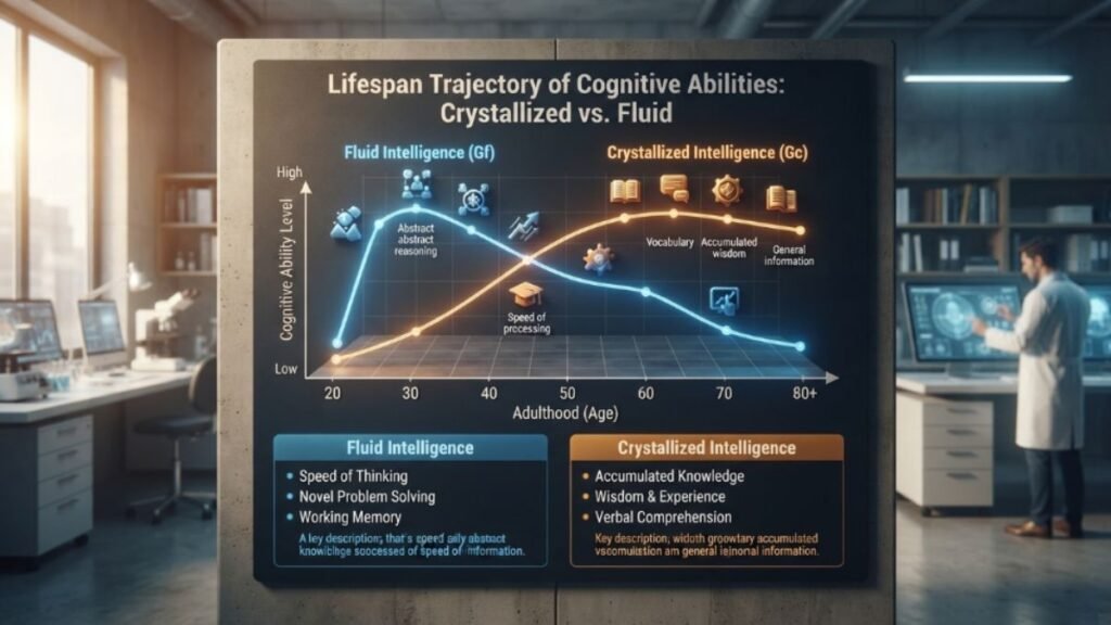chart contrasting crystallized and fluid cognitive abilities across adulthood
