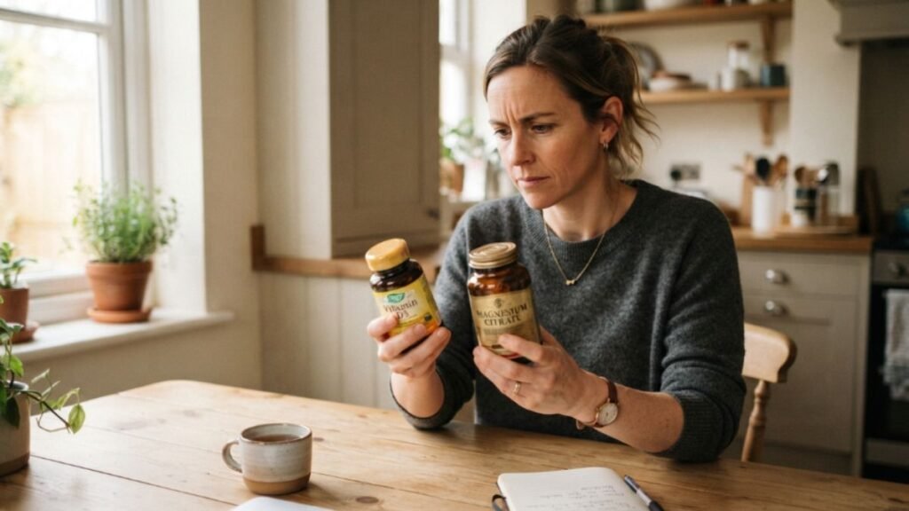 person comparing two brain supplement bottles at a desk