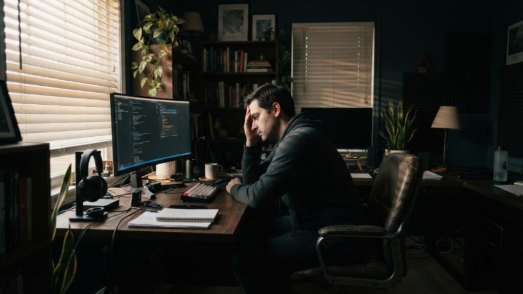 tired professional in a dim home office struggling to focus