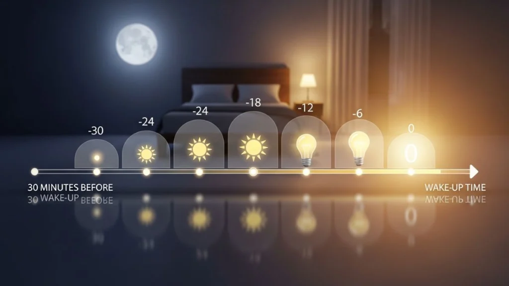 Dreamzy Sunrise Review: Can This Smart Sunrise Alarm Clock Transform Your Mornings Naturally? 3 Diagram showing how Dreamzy Sunrise gradually increases light before alarm time