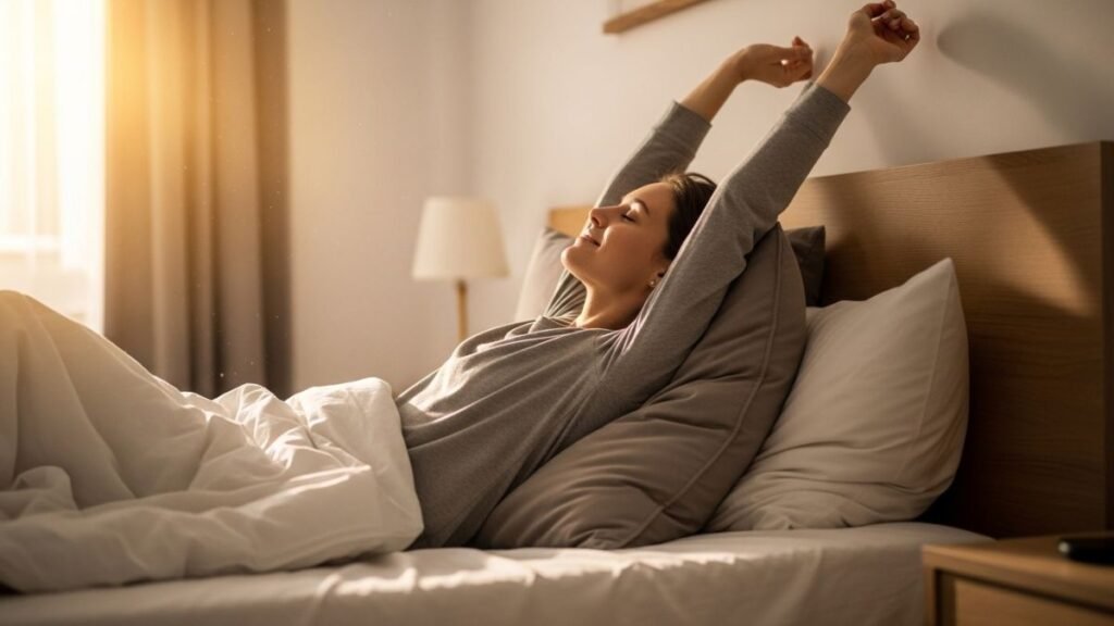 Woman waking up peacefully with sunrise light alarm clock