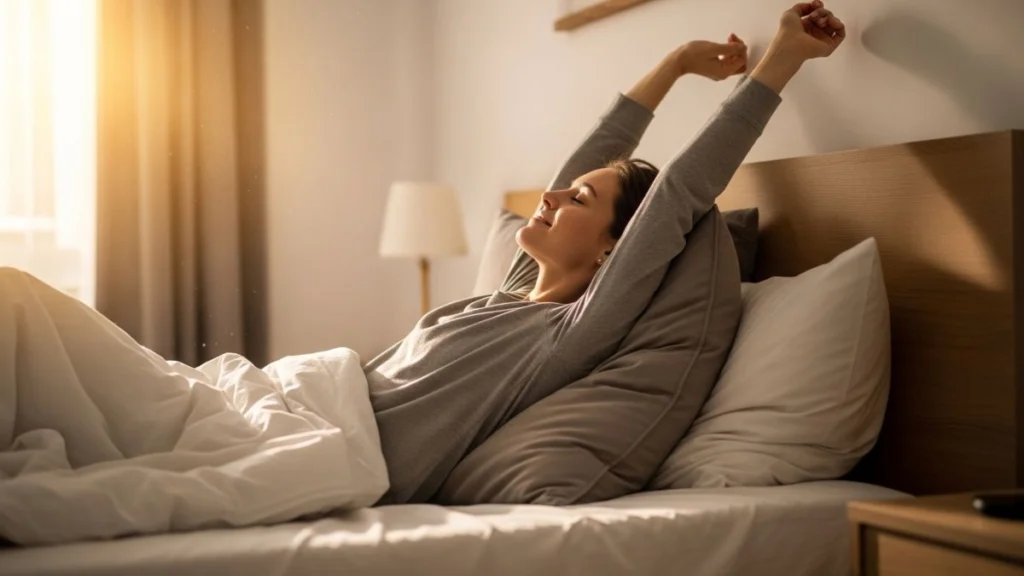 Dreamzy Sunrise Review: Can This Smart Sunrise Alarm Clock Transform Your Mornings Naturally? 4 Woman waking up peacefully with sunrise light alarm clock