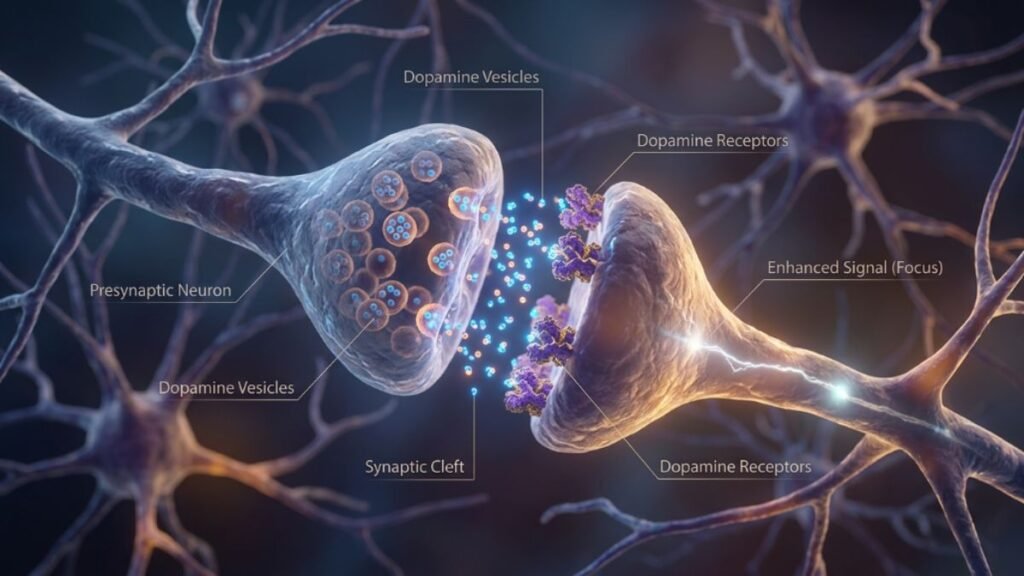 how natural dopamine signaling supports focus between brain cells