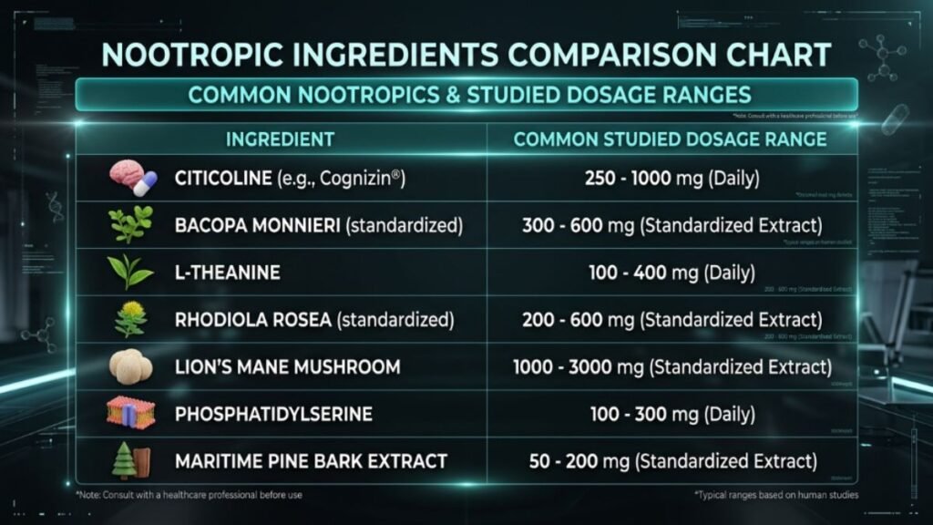 nootropic supplement label dosage comparison