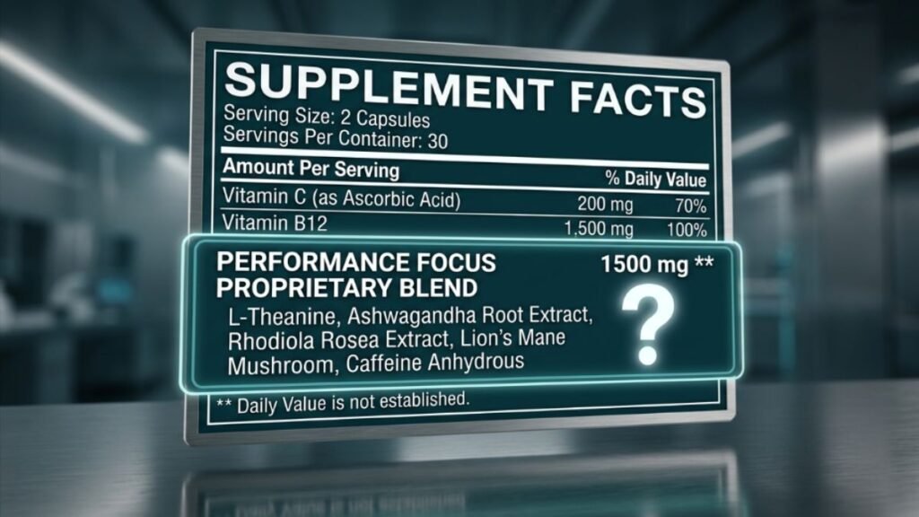 supplement facts panel with proprietary blend highlighted